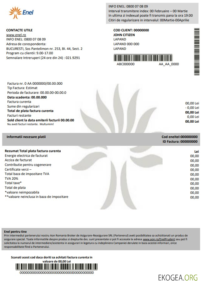 Romania Enel electricity proof of address utility bill template in Word and PDF format (.doc and .pdf)
